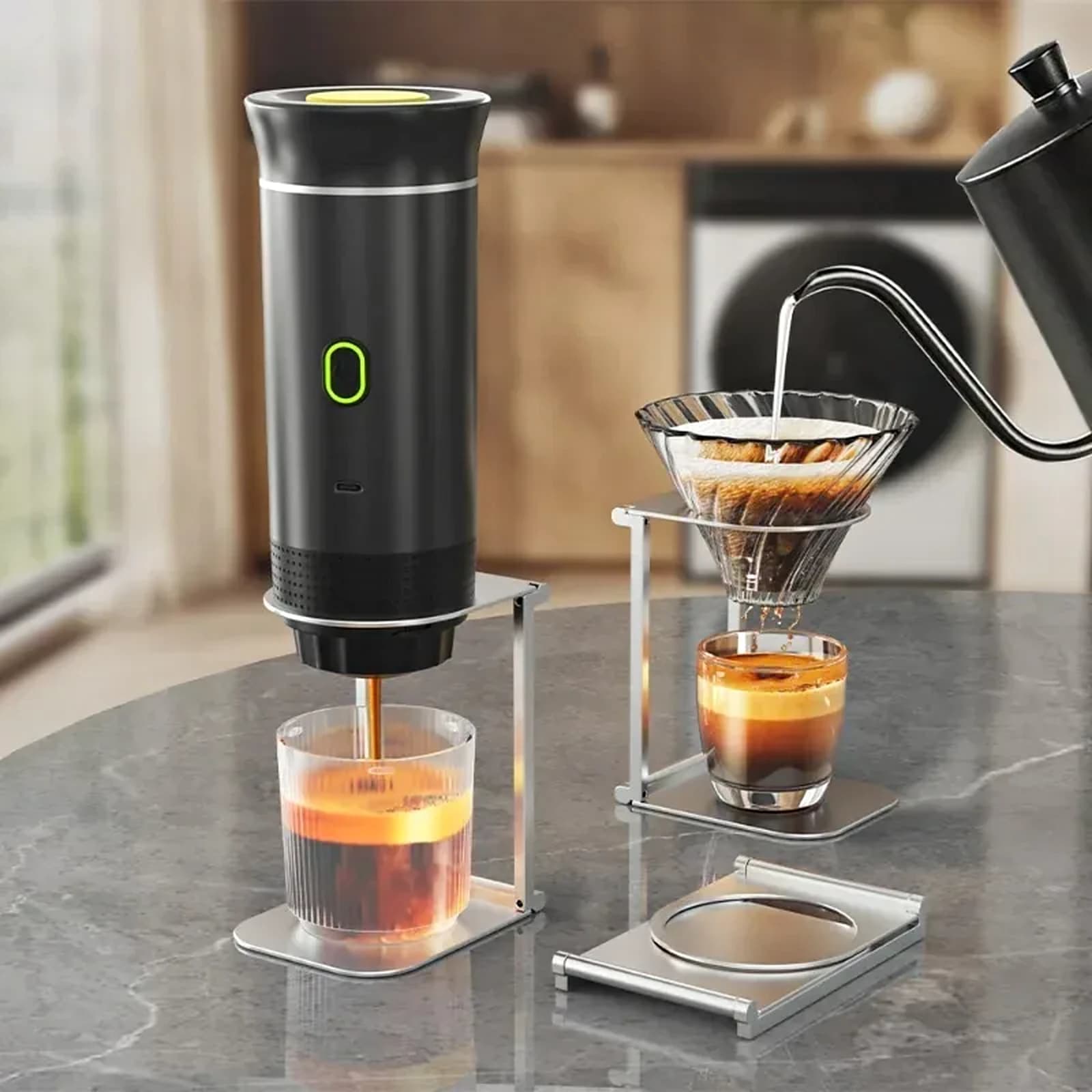 Cota on the foldable drip stand brewing into a glass