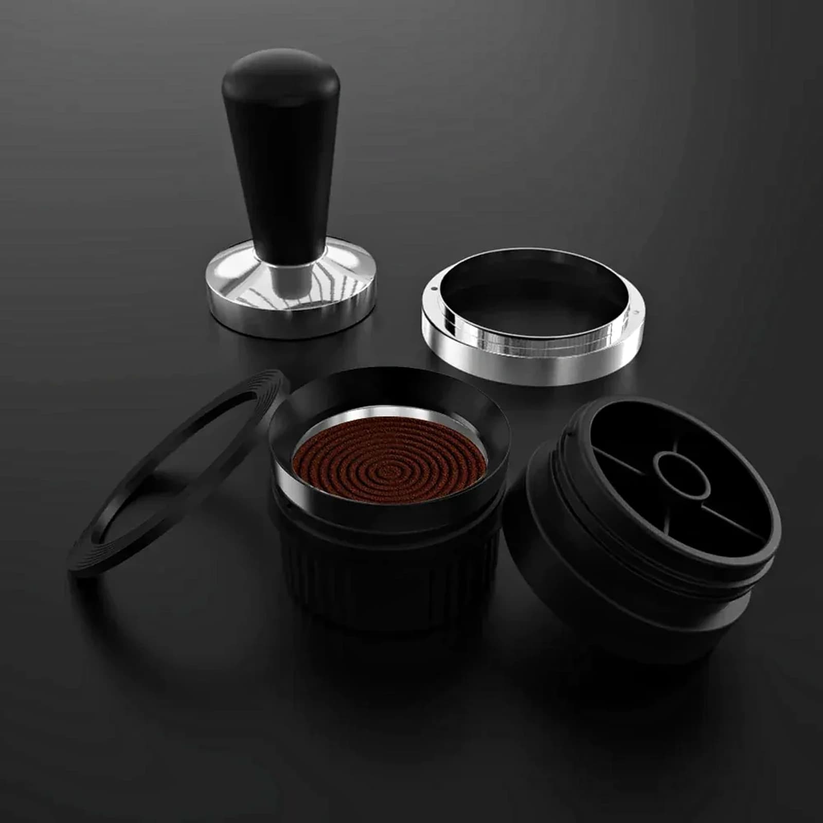 Stainless steel basket, tamper and adapters