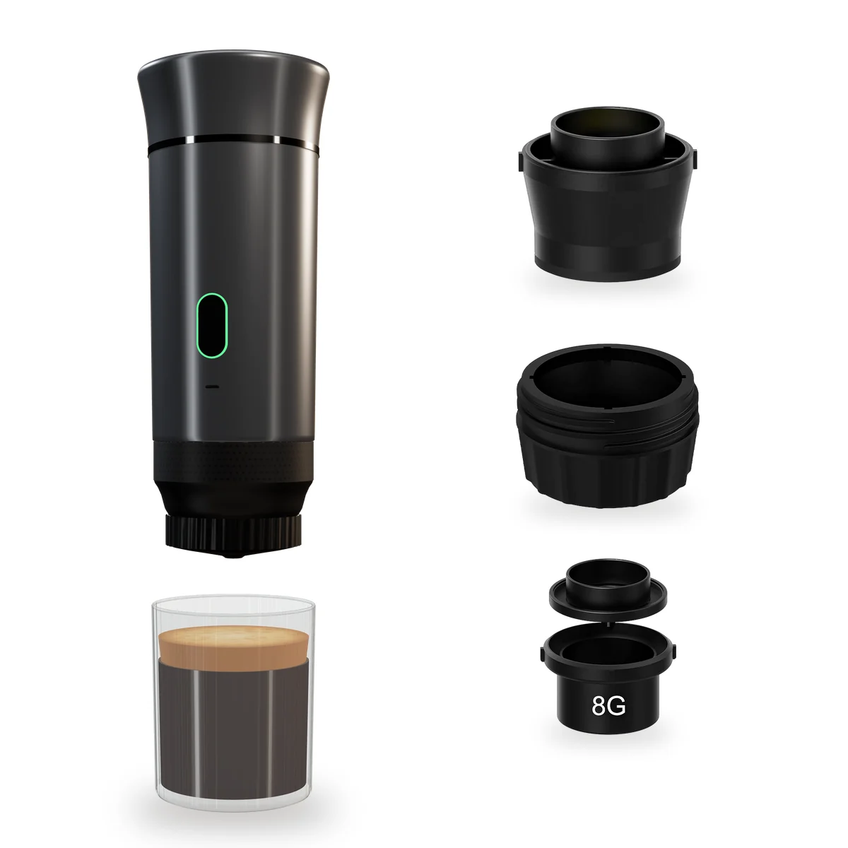 Cota in Graphite brewing espresso, with every accessory in the box